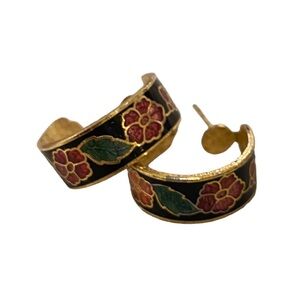 Vintage Black enamel cloisonné flower hoops gold tone